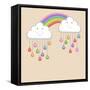 Monsoon Season Background with Happy Clouds, Rainbow and Colorful Water Drops. Kiddish Concept.-Allies Interactive-Framed Stretched Canvas