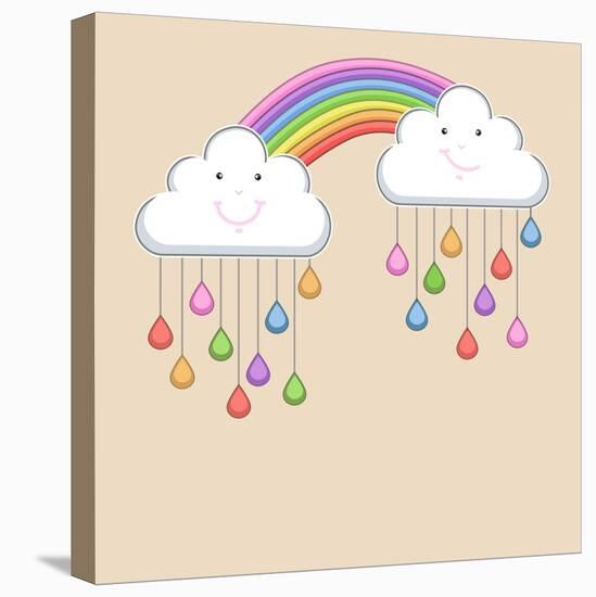 Monsoon Season Background with Happy Clouds, Rainbow and Colorful Water Drops. Kiddish Concept.-Allies Interactive-Stretched Canvas