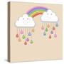 Monsoon Season Background with Happy Clouds, Rainbow and Colorful Water Drops. Kiddish Concept.-Allies Interactive-Stretched Canvas