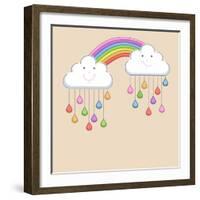 Monsoon Season Background with Happy Clouds, Rainbow and Colorful Water Drops. Kiddish Concept.-Allies Interactive-Framed Art Print