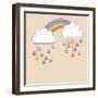 Monsoon Season Background with Happy Clouds, Rainbow and Colorful Water Drops. Kiddish Concept.-Allies Interactive-Framed Art Print