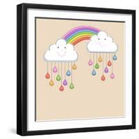 Monsoon Season Background with Happy Clouds, Rainbow and Colorful Water Drops. Kiddish Concept.-Allies Interactive-Framed Art Print