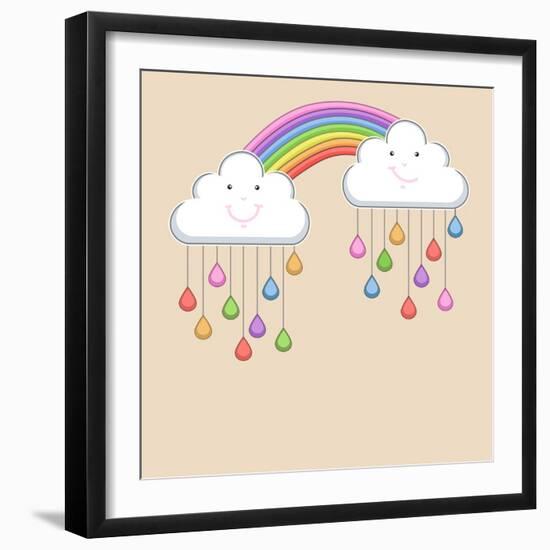 Monsoon Season Background with Happy Clouds, Rainbow and Colorful Water Drops. Kiddish Concept.-Allies Interactive-Framed Art Print