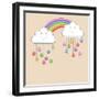 Monsoon Season Background with Happy Clouds, Rainbow and Colorful Water Drops. Kiddish Concept.-Allies Interactive-Framed Art Print