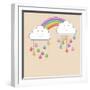 Monsoon Season Background with Happy Clouds, Rainbow and Colorful Water Drops. Kiddish Concept.-Allies Interactive-Framed Art Print