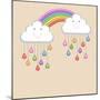 Monsoon Season Background with Happy Clouds, Rainbow and Colorful Water Drops. Kiddish Concept.-Allies Interactive-Mounted Art Print