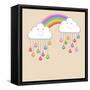 Monsoon Season Background with Happy Clouds, Rainbow and Colorful Water Drops. Kiddish Concept.-Allies Interactive-Framed Stretched Canvas