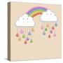 Monsoon Season Background with Happy Clouds, Rainbow and Colorful Water Drops. Kiddish Concept.-Allies Interactive-Stretched Canvas