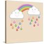 Monsoon Season Background with Happy Clouds, Rainbow and Colorful Water Drops. Kiddish Concept.-Allies Interactive-Stretched Canvas