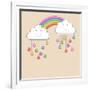 Monsoon Season Background with Happy Clouds, Rainbow and Colorful Water Drops. Kiddish Concept.-Allies Interactive-Framed Art Print