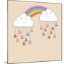 Monsoon Season Background with Happy Clouds, Rainbow and Colorful Water Drops. Kiddish Concept.-Allies Interactive-Mounted Art Print