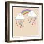 Monsoon Season Background with Happy Clouds, Rainbow and Colorful Water Drops. Kiddish Concept.-Allies Interactive-Framed Art Print