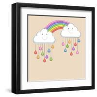 Monsoon Season Background with Happy Clouds, Rainbow and Colorful Water Drops. Kiddish Concept.-Allies Interactive-Framed Art Print