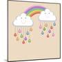 Monsoon Season Background with Happy Clouds, Rainbow and Colorful Water Drops. Kiddish Concept.-Allies Interactive-Mounted Art Print