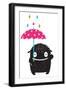 Monster for Kids with Umbrella under Colorful Rain Drops. Happy Funny Childish Little Monster with-Popmarleo-Framed Art Print