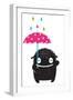 Monster for Kids with Umbrella under Colorful Rain Drops. Happy Funny Childish Little Monster with-Popmarleo-Framed Art Print