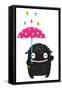 Monster for Kids with Umbrella under Colorful Rain Drops. Happy Funny Childish Little Monster with-Popmarleo-Framed Stretched Canvas