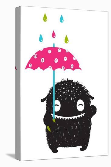 Monster for Kids with Umbrella under Colorful Rain Drops. Happy Funny Childish Little Monster with-Popmarleo-Stretched Canvas