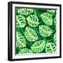 Monstera Leaves on Green Wave Background Pattern-katritch-Framed Art Print