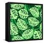 Monstera Leaves on Green Wave Background Pattern-katritch-Framed Stretched Canvas