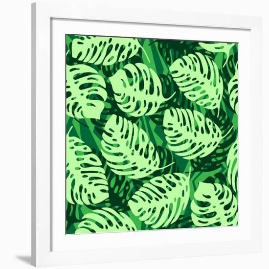 Monstera Leaves on Green Wave Background Pattern-katritch-Framed Art Print