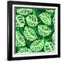 Monstera Leaves on Green Wave Background Pattern-katritch-Framed Art Print