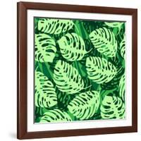 Monstera Leaves on Green Wave Background Pattern-katritch-Framed Art Print