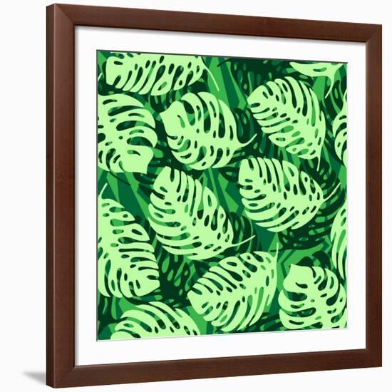 Monstera Leaves on Green Wave Background Pattern-katritch-Framed Art Print