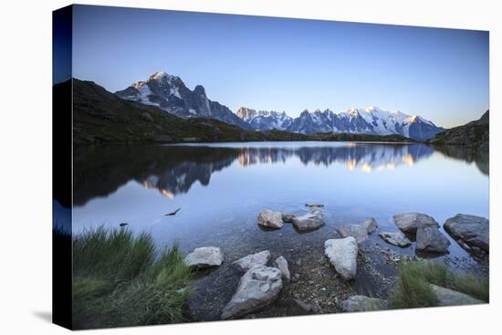 Mont Blanc Range Reflected at Sunrise from the Shore of Lac Des Cheserys-Roberto Moiola-Stretched Canvas