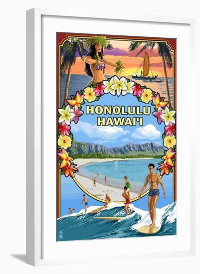 Montage - Honolulu, Hawaii-Lantern Press-Framed Art Print