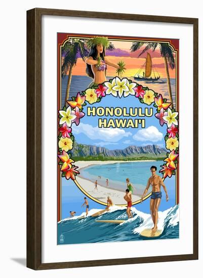 Montage - Honolulu, Hawaii-Lantern Press-Framed Art Print