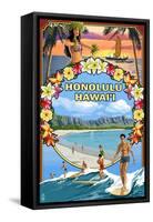 Montage - Honolulu, Hawaii-Lantern Press-Framed Stretched Canvas