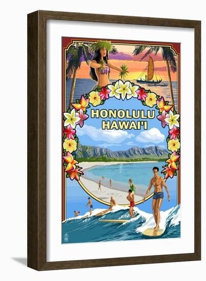 Montage - Honolulu, Hawaii-Lantern Press-Framed Art Print