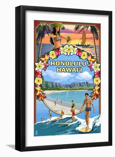 Montage - Honolulu, Hawaii-Lantern Press-Framed Art Print