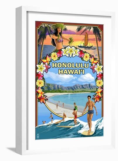 Montage - Honolulu, Hawaii-Lantern Press-Framed Art Print