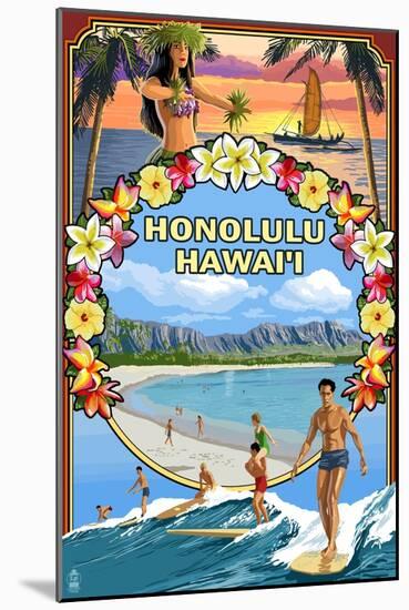 Montage - Honolulu, Hawaii-Lantern Press-Mounted Art Print