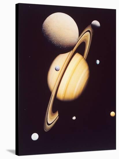 Montage of Saturn and Satellites Taken by Voyager 1 and 2, Titan Iapetus and Tethys Mimas and Rhea-null-Stretched Canvas