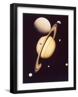 Montage of Saturn and Satellites Taken by Voyager 1 and 2, Titan Iapetus and Tethys Mimas and Rhea-null-Framed Premium Photographic Print