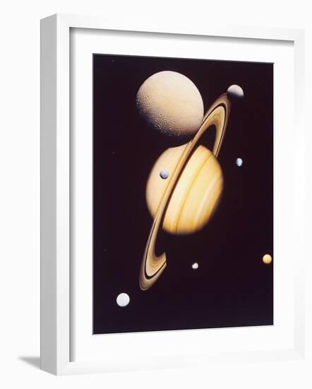 Montage of Saturn and Satellites Taken by Voyager 1 and 2, Titan Iapetus and Tethys Mimas and Rhea-null-Framed Premium Photographic Print