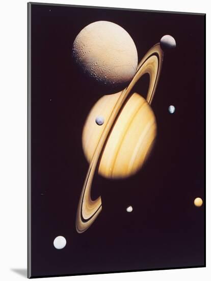 Montage of Saturn and Satellites Taken by Voyager 1 and 2, Titan Iapetus and Tethys Mimas and Rhea-null-Mounted Photographic Print