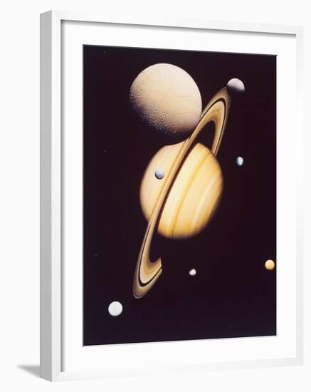 Montage of Saturn and Satellites Taken by Voyager 1 and 2, Titan Iapetus and Tethys Mimas and Rhea-null-Framed Photographic Print