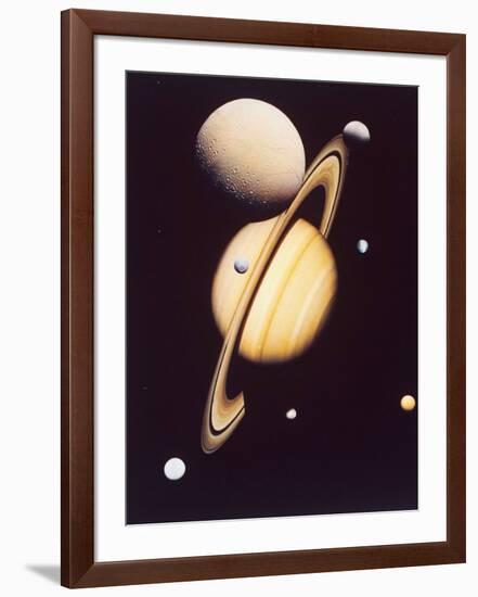 Montage of Saturn and Satellites Taken by Voyager 1 and 2, Titan Iapetus and Tethys Mimas and Rhea-null-Framed Photographic Print