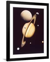 Montage of Saturn and Satellites Taken by Voyager 1 and 2, Titan Iapetus and Tethys Mimas and Rhea-null-Framed Photographic Print