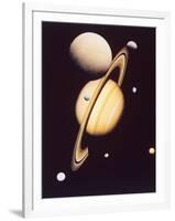 Montage of Saturn and Satellites Taken by Voyager 1 and 2, Titan Iapetus and Tethys Mimas and Rhea-null-Framed Photographic Print