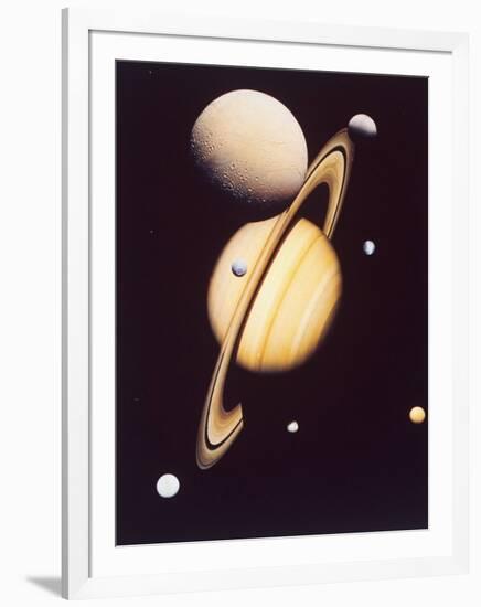 Montage of Saturn and Satellites Taken by Voyager 1 and 2, Titan Iapetus and Tethys Mimas and Rhea-null-Framed Photographic Print