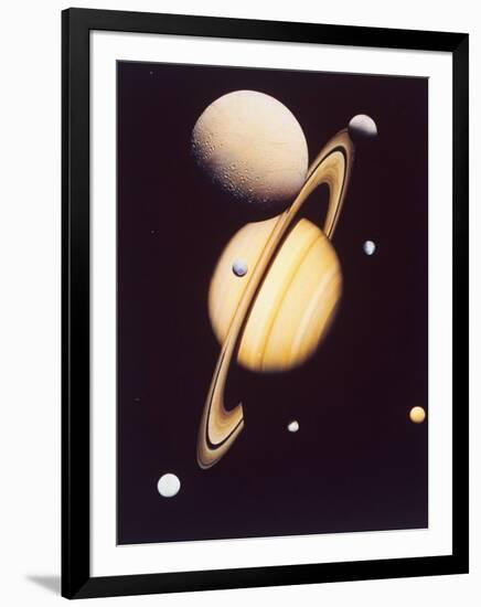 Montage of Saturn and Satellites Taken by Voyager 1 and 2, Titan Iapetus and Tethys Mimas and Rhea-null-Framed Photographic Print