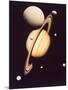 Montage of Saturn and Satellites Taken by Voyager 1 and 2, Titan Iapetus and Tethys Mimas and Rhea-null-Mounted Photographic Print