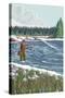 Montana, Big Sky Country, Fly Fisherman-Lantern Press-Stretched Canvas