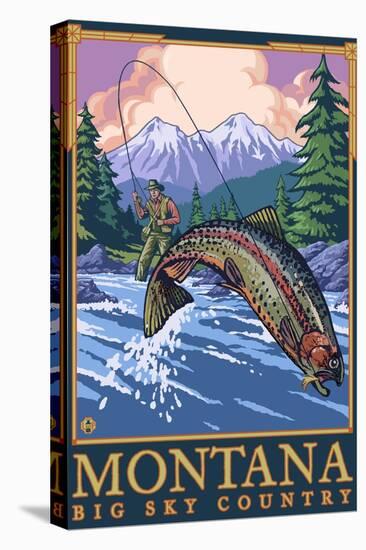 Montana -- Big Sky Country - Fly Fishing Scene-Lantern Press-Stretched Canvas