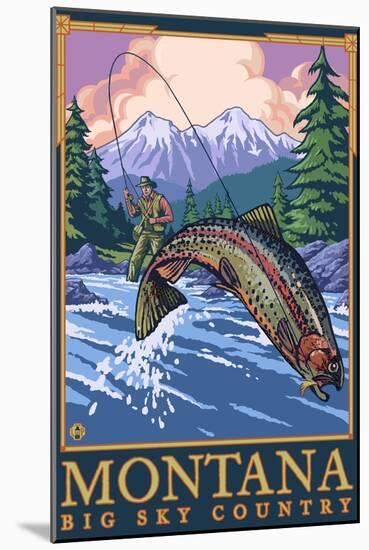 Montana -- Big Sky Country - Fly Fishing Scene-Lantern Press-Mounted Art Print